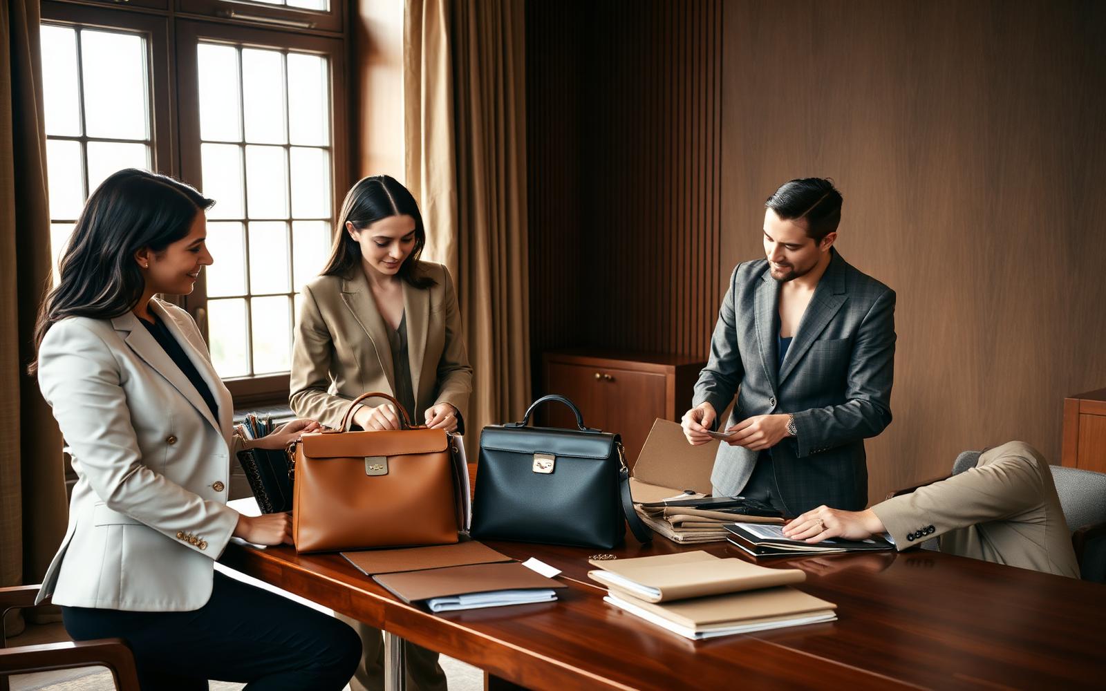 Retail buyers reviewing leather accessories